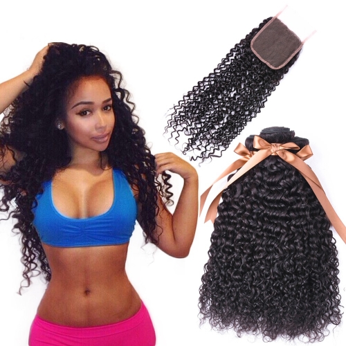 FashionPlus Kinky Curly Remy Brazilian Hair 3 Bundle Hair Deals with Closure