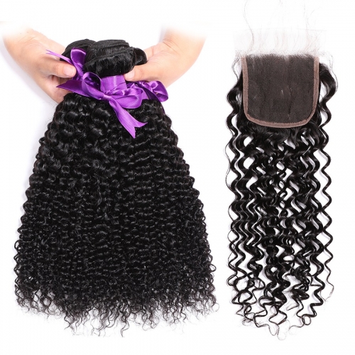 FashionPlus Kinky Curly Wave Remy Peruvian Hair 3 Bundle Hair Deals with Closure  9A Good Quality