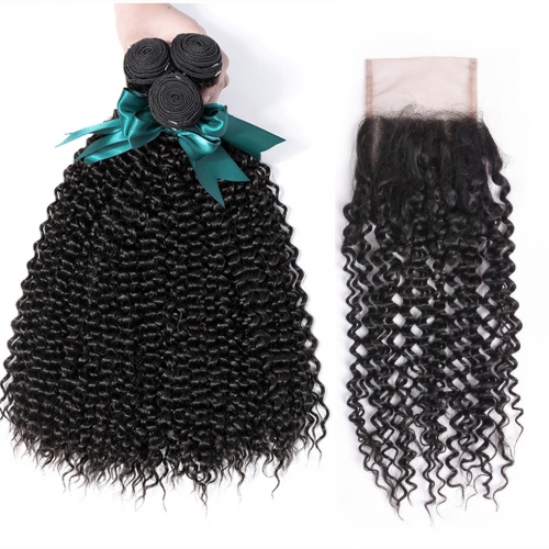FashionPlus Good Cheap Brazilian Hair Kinky Curly Wave 3 Bundle Hair Deals with Closure