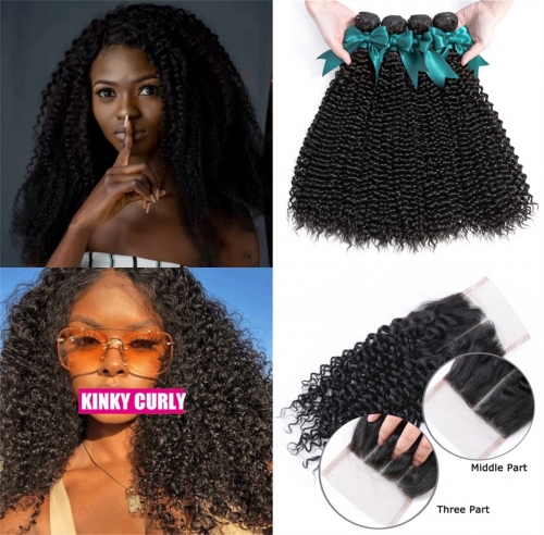 FashionPlus Good Quality Kinky Curly Virgin Hair Weave 4 Bundles With Lace Closure 100% Soft Unprocessed Virgin Indian Hair