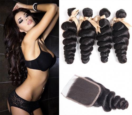 FashionPlus Good Quality Loose Wave Virgin Hair Weave 4 Bundles With Lace Closure 100% Soft Unprocessed Virgin Peruvian Hair
