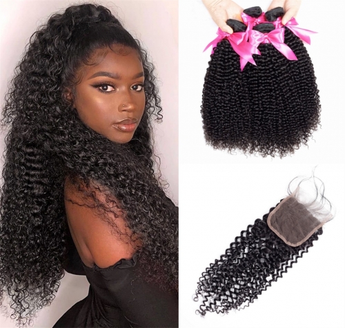 FashionPlus Good Quality Kinky Curly Virgin Hair Weave 4 Bundles With Lace Closure 100% Soft Unprocessed Virgin Peruvian Hair