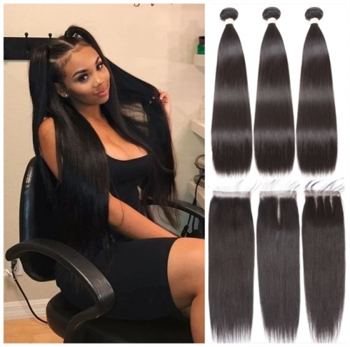 FashionPlus Good Quality 3 Bundles Straight Brazilian Human Hair Weaves With Closure Free Part Natural Color