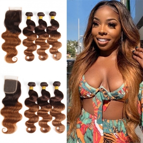 FashionPlus 9A Good Quality Remy Peruvian Hair 3 Bundles With Closure Body Wave T 4/30 Ombre Hair For 2020 Hair Trends