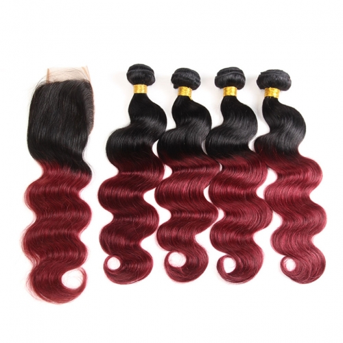 FashionPlus Affordable Hair Trends Best Cheap Remy Brazilian Hair 4 Bundles With Closure Body Wave T1B/99J Ombre Hair