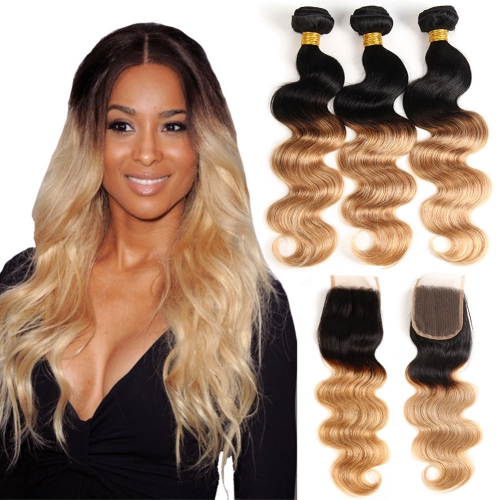FashionPlus 9A Good Quality Remy Peruvian Hair 3 Bundles With Closure Body Wave T 1B/99J Ombre Hair For 2020 Hair Trends