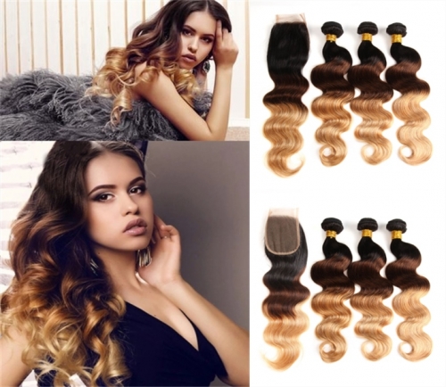 FashionPlus 9A Good Quality Remy Peruvian Hair 3 Bundles With Closure Body Wave T 1B/4/27 Ombre Hair For 2020 Hair Trends