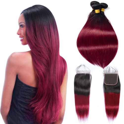 FashionPlus Affordable Hair Trends Best Cheap Remy Brazilian Hair 4 Bundles With Closure T1B/30 Ombre Straight Hair