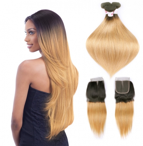 FashionPlus Affordable Hair Trends Best Cheap Remy Brazilian Hair 3 Bundles With Closure T1B/27 Ombre Straight Hair