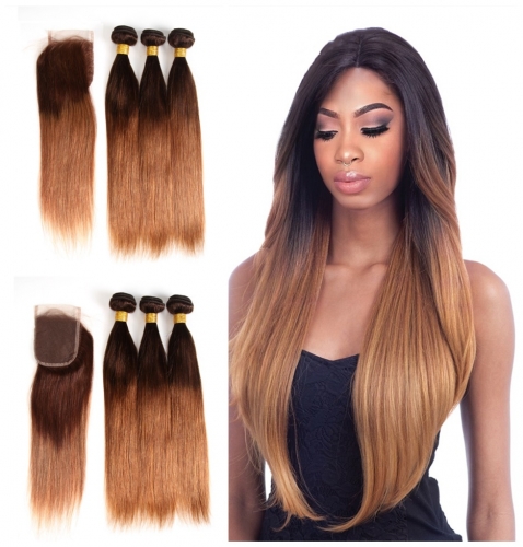 FashionPlus Affordable Hair Trends Best Cheap Remy Brazilian Hair 3 Bundles With Closure T 4/30 Ombre Straight Hair
