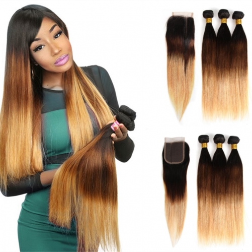 FashionPlus Affordable Hair Trends Best Cheap Remy Brazilian Hair 4 Bundles With Closure T1B/4/27 Ombre Straight Hair