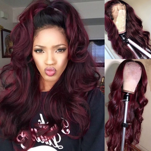 FashionPlus Body Wave 1B/99J  Colored Lace Closure Wigs Straight Pre Plucked Lace Wigs With Baby Hair