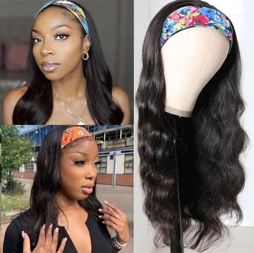 FashionPlus Body Wave Scarf Wigs 150% Density 100% Virgin Human Hair Wig No Glue & No Sew In Fashion Headband Wig