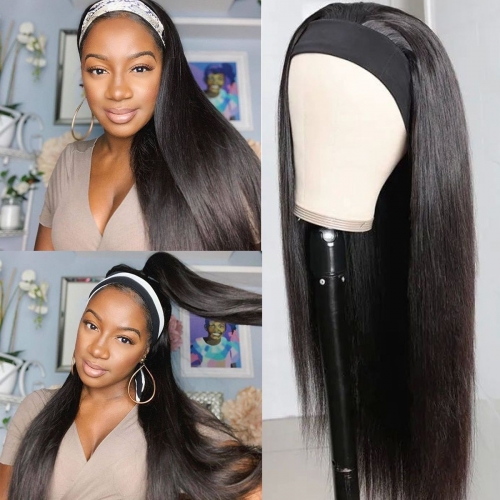 FashionPlus New Headband Wig Straight Human Hair Wigs 150% Ice Silk Scarf Headband Wig