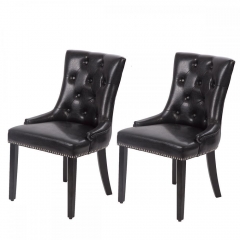 Set of 2 Black Elegant Dining Side Chairs PU Leather Button w/ Nailheads 22L