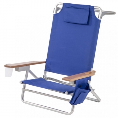 5 Position Classic Lay Flat Beach Chair, Camping Chair With Bamboo Armrest