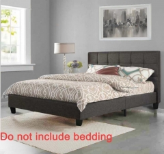 New Grey Linen Fabric Upholstered Platform Bed with Wooden Slats, Queen Size