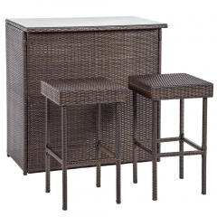 Outdoor Wicker Bar Chair Set 3PC Patio Furniture Glass Bar and Two Stools