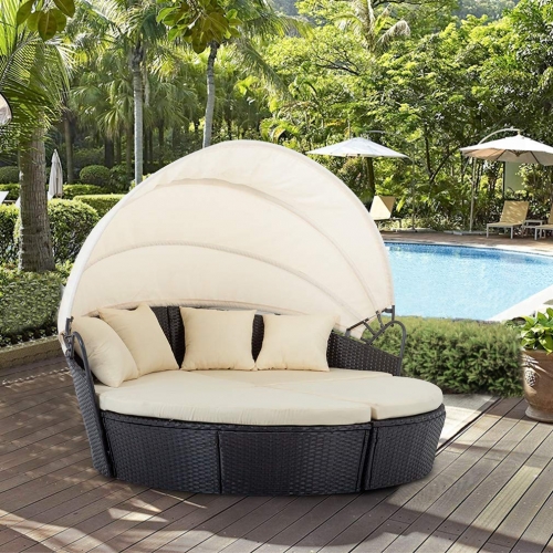 Bestmassage Outdoor Patio Round Daybed Furniture Wicker Rattan Sofa Set Sunbed Retractable Canopy Waterproof Cushions Lawn Garden Backyard Porch Pool Yard Garden Outdoor Living