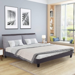 Upholstered Platform Bed Queen Panel Bed Frame Gray Linen Heavy Duty Metal Base Mattress Foundation No Box Spring Needed Wood Slats Support