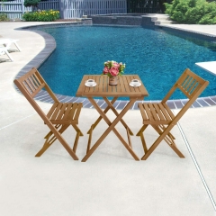 3-Piece Acacia Wood Folding Patio Bistro Set Outdoor Bistro Set Table and Chairs Set with 2 Chairs and Round Table for Pool Beach Backyard Balcony