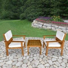 3-Piece Acacia Wood Patio Bistro Set Outdoor Chat Conversation Table Chair Set Outdoor Wood Chat Set with Water Resistant Cushions and Coffee Table