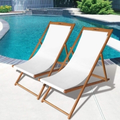 Beach Sling Chair Set Patio Lounge Chair Outdoor Reclining Beach Chair Wooden Folding Adjustable Frame Solid Eucalyptus Wood with White Polyester