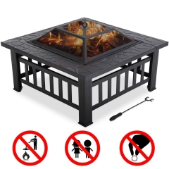 FDW Outdoor fire Pit for Wood 32" Metal firepit for Patio Wood Burning Fireplace Square Garden Stove with Charcoal Rack, Poker & Mesh Cover for Campin