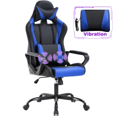 PC gaming chair massage office chair adjustable high back PU leather executive rolling belt waist support headrest armrest can rotate (blue)
