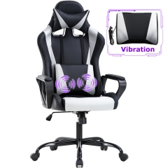 Game chair, home office chair, with waist support arm, headrest, high back PU leather ergonomic chair, rotatable and adjustable (white)