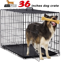 Large Dog Crate Dog Cage Dog Kennel Metal WireDouble-Door Folding Pet Animal Pet Cage with Plastic Tray and Handle,36 inches