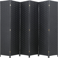 Room Divider Wood Screen 6 Panel Folding Portable Partition Screen Wood Mesh Woven Design Room Screen Divider Screen Wood for Home Office (Black)