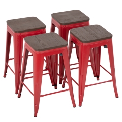Metal Bar Stools Set Of 4 Counter Height Wood Seat Barstool 24 Inches Industrial Bar Chairs Patio Stool Stackable Backless Stool Indoor Outdoor Metal