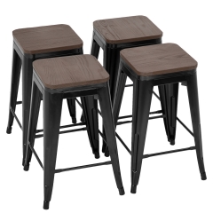 Metal Bar Stools Set Of 4 Counter Height Wood Seat Barstool 24 Inches Industrial Bar Chairs Patio Stool Stackable Backless Stool Indoor Outdoor Metal