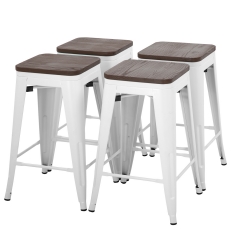 Set Of 4 Metal Bar Stools Counter Height Barstool 24 Inches Industrial Bar Chairs Wood Seat Patio Stool Stackable Backless Stool Indoor Outdoor Metal