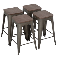 Set Of 4 Metal Bar Stools Counter Height Barstool 24 Inches Industrial Bar Chairs Wood Seat Patio Stool Stackable Backless Stool Indoor Outdoor Metal