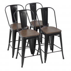 Metal Bar Stool Set Of 4 Counter Height Barstool With Back 24 Inches Wood Seat Height Industrial Bar Chairs Patio Stool Stackable Modern Kitchen Stool