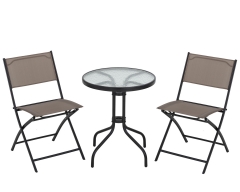 Small Patio Set Bistro Table Set  3 Piece Patio Set Tempered Glass Tabletop With 2 Folding Chairs Balcony Chairs Set Of 2  Conversation Set  Brown