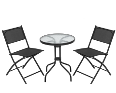 Bistro Table Set 3 Piece Patio Set Small Patio Set  Balcony Chairs Set Of 2 Tempered Glass Tabletop With 2 Folding Chairs Conversation Set  Black