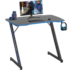 Gmaing Desk 35.4in PC Computer Desk, Blue Ergonomic Gaming Table Z Shaped Gaming Workstation with Headphone Hook for Home Office