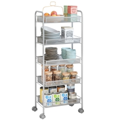 5-Tier Metal Rolling Cart on Wheels with Baskets,Mesh Storage Pantry Cart Lockable Utility Trolley with Handles for Kitchen Bathroom Closet