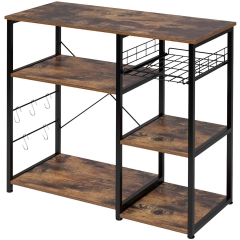 Baker’s Rack Coffee Station Microwave Oven Stand Kitchen Shelf with Wire Basket 6 S-Hooks Utility, Rustic Brown