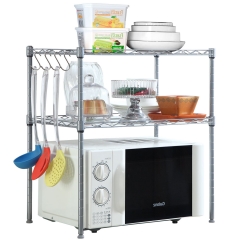 3-Tier  21''  Microwave Rack Kitchen Supplies Tableware Storage Stand Organizer with 4 Hooks，Microwave Oven Rack Shelf Unit for Kitchen Utensils,