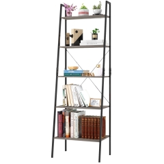 Ladder Bookshelf with 3 Hooks, 5 Tier Ladder Shelf, Industrial Bookcases, Freestanding Display Plant Shelves with Metal Frame for Living Room