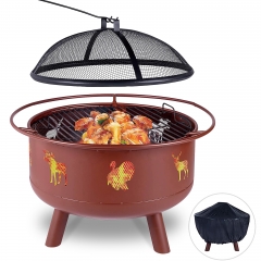 30" Fire Pit Wood Burning Outdoor with Waterproof Cover for Patio Backyard Garden Beach Camping Park,Round Steel Deep Bowl,Red