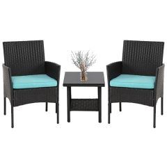 3 Piece Outdoor Furniture Set Patio Wicker Chairs Furniture Bistro Conversation Set 2 Rattan Chairs with Blue Cushions and Glass Coffee Table