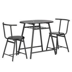 3 Piece Dining Table Set Small Kitchen Table Round Table & Chairs Set Faux Marble Tavern Set with Metal Frame Built-in Wine Rack, Black
