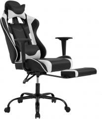 BestOffice Gaming Chair PU leather Ergonomic Computer High Back Adjustable with Footrest Headrest Lumbar Support,White