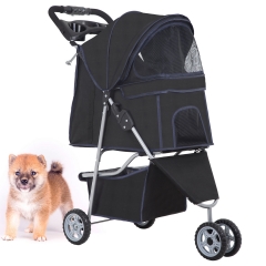 3 Wheels Pet Stroller Dog Cat Stroller for Medium Small Dogs Cats Travel Folding Carrier Waterproof Puppy Stroller with Cup Holder, Black