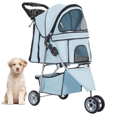 3 Wheels Pet Stroller Dog Cat Stroller for Medium Small Dogs Cats Travel Folding Carrier Waterproof Puppy Stroller with Cup Holder, Light Blue